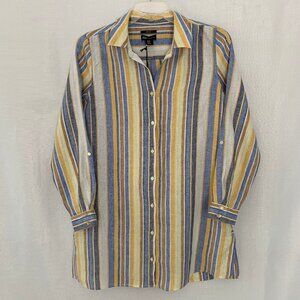 New JNY JONES NEW YORK Striped Linen Roll Tab Sleeve Tunic Shirt